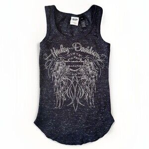 Harley Davidson Womens XS Tank Top Black Rhinestone Wings Biker Bling Y2K Ribbed